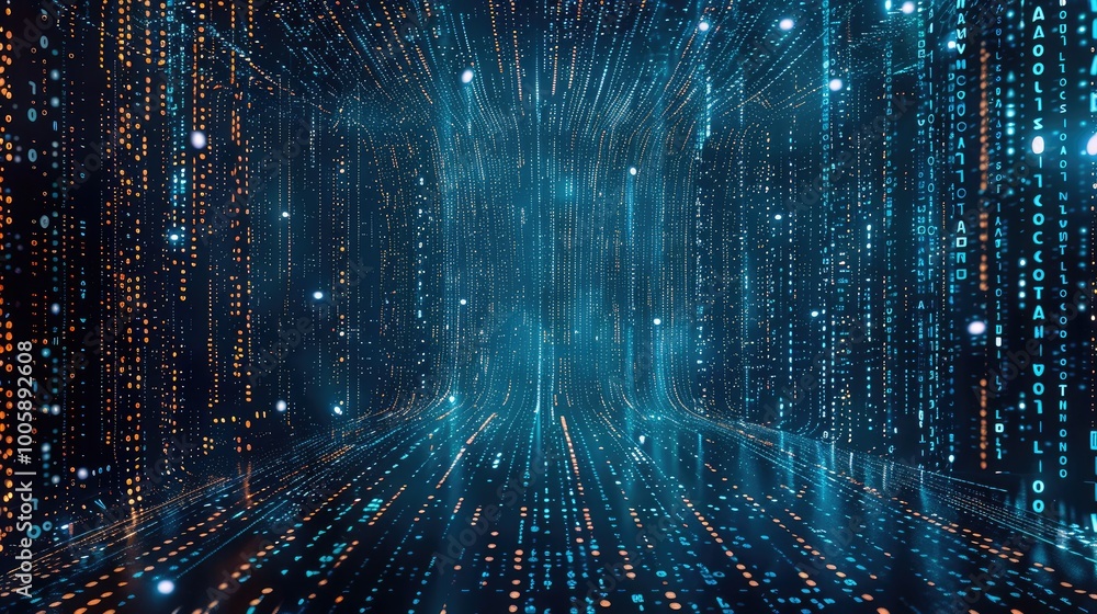 Illustration of code compiling like the Matrix background from top down ...