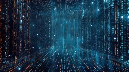 Fototapete - Illustration of code compiling like the Matrix background from top down, blue colored lines, dark background.