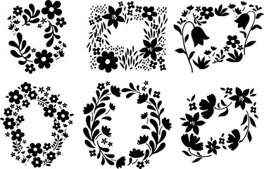 Wall Mural - set of black abstract flower wreaths in doodle hand-drawn style. isolated and easy to use, perfect f