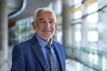 Canvas Print - Portrait of successful senior Kurd businessman consultant looking at camera and smiling inside modern office building , background blur