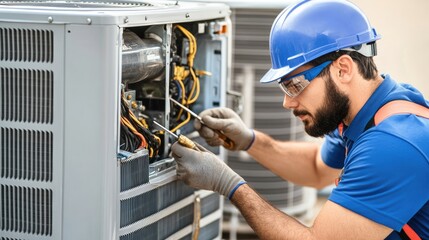 A technician working on an air conditioning unit, focusing on repairs and maintenance to ensure optimal performance and efficiency.