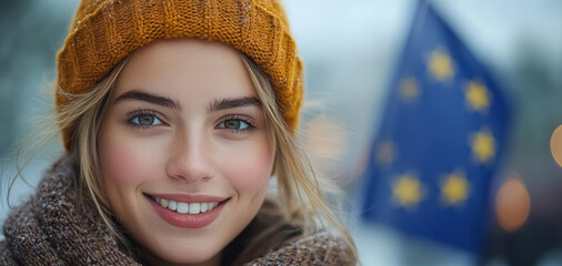 A young woman with an European Union Flag flag is asking for her country to join the European Union