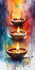 Three lit candles in a row, with the middle one being the tallest. The candles are surrounded by a colorful background, giving the impression of a festive or celebratory scene