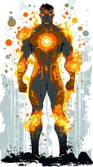 Canvas Print - Fiery Superhero Standing in a Grunge Style Illustration