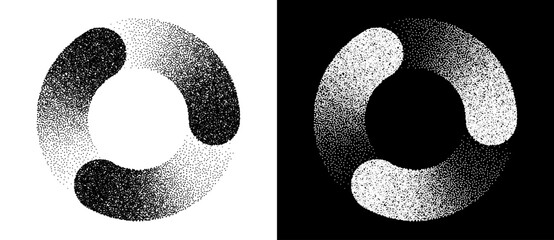 Sticker - Abstract art background with dotted circle. Stipple effect with chaotic noise in spiral. Black shape on a white background and the same white shape on the black side.