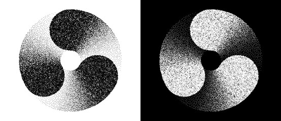 Fototapete - Abstract art background with dotted circle. Stipple effect with chaotic noise in spiral. Black shape on a white background and the same white shape on the black side.