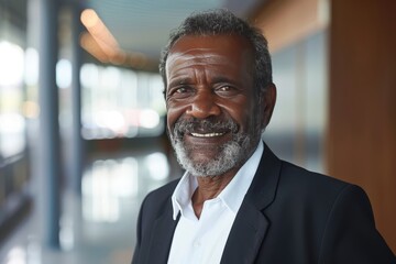 Wall Mural - Portrait of successful senior Papua New Guinean businessman consultant looking at camera and smiling inside modern office building , background blur