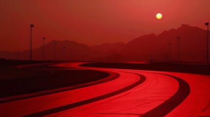 Wall Mural - desert view editorial photo of a vast, undulating formula one track with subtle variations in color and texture, with a sun rising in a background 