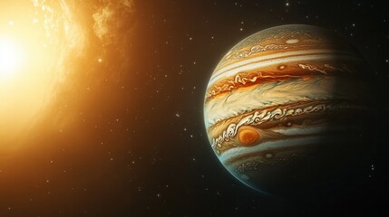 Wall Mural - the gas giant jupiter with its signature bands of color and swirling clouds illuminated by the dista