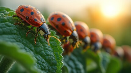 Wall Mural - Ladybugs on a Leaf at Sunset