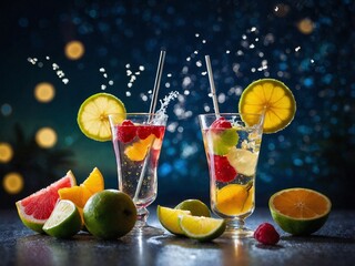 Romantic photo of two glasses with alcoholic drinks and fruits