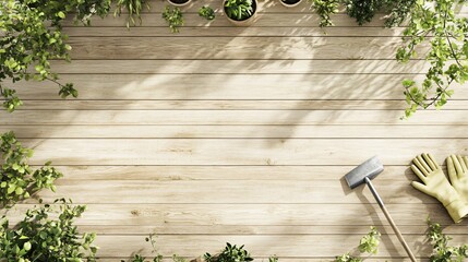 Wall Mural - Wooden Background with Plants and Gardening Tools.