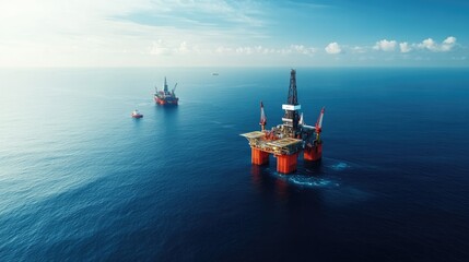 Aerial view of offshore oil rigs in clear blue waters, showcasing modern energy exploration and industrial technology at sea.