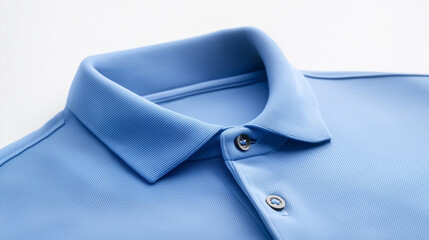 close up view of light blue polo shirt featuring classic collar and button details, showcasing its textured fabric and stylish design.