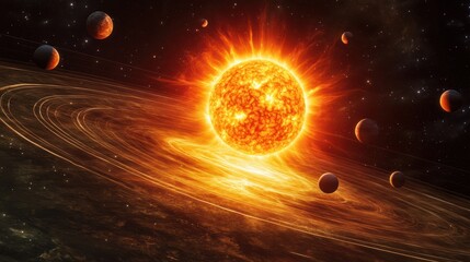 Wall Mural - the sun at the center of the solar system, radiating intense heat and light, surrounded by orbiting 
