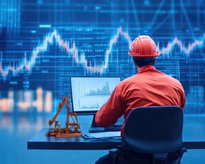 An engineer analyzes data on a computer while monitoring market trends in a modern workspace with industrial elements.