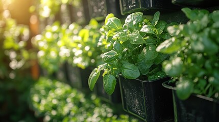 Poster - Green Wall of Plants Growing in Pots