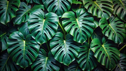 Wall Mural - Dark green leaves of monstera plant bush, monstera, split-leaf philodendron, tropical, foliage, plant, houseplant