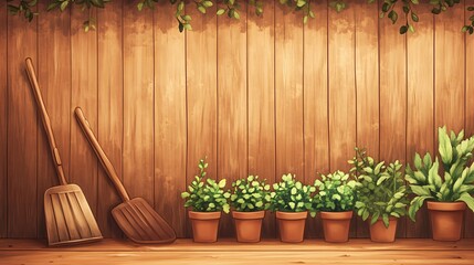 Wall Mural - Wooden Wall With Plants, Two Shovels, and Leaves.