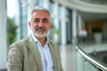 Canvas Print - Portrait of successful senior Turk businessman consultant looking at camera and smiling inside modern office building , background blur