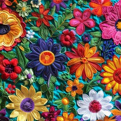 Wall Mural - Vibrant Flower Embroidery Celebrating Hispanic Heritage with Colorful Textile Art, Close Up