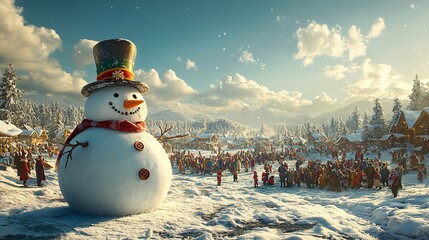 Wall Mural - three generations gathered around a snowman with a top hat and buttons creating joyful holiday memor