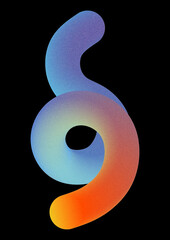 3d render. Abstract geometric flexible tube colored with orange blue neon gradient. Simple spiral line isolated on black background. Primitive shape with grainy film noise effect