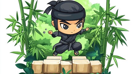 Poster - Cartoon Ninja Warrior Jumping Over Obstacles in a Bamboo Forest