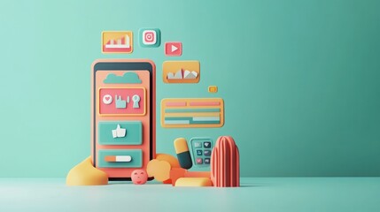 A colorful smartphone display with various app icons and playful elements.