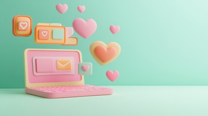 Sticker - A stylized laptop with floating heart icons, symbolizing digital communication and affection.