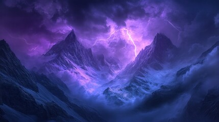 Canvas Print - A dramatic mountain landscape illuminated by purple lightning under a stormy sky.