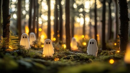 Sticker - A whimsical forest scene with glowing ghost figures among trees and soft lighting.