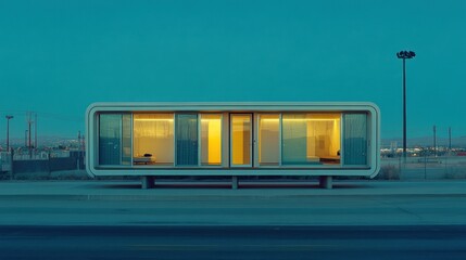 Poster - A modern, minimalist building with large windows illuminated at dusk.