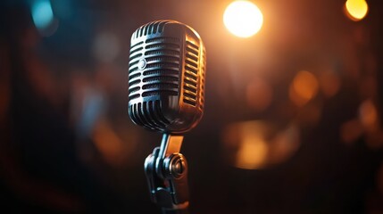 Sticker - A vintage microphone stands prominently against a blurred, illuminated background.