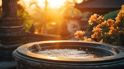 Poster - A serene fountain surrounded by flowers at sunset, evoking tranquility and relaxation.