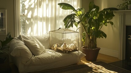 Poster - A cozy living space featuring a birdcage and a large plant by a sunlit window.