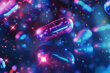 A vibrant exploration of a colorful capsule surrounded by shimmering particles in an abstract cosmic setting. Generative AI