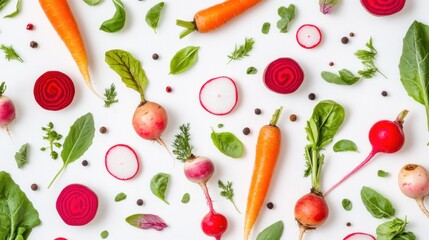 Wall Mural - A vibrant arrangement of fresh vegetables and herbs on a white background.