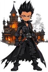 Canvas Print - Cartoon Character in Black Coat with Haunted House Background