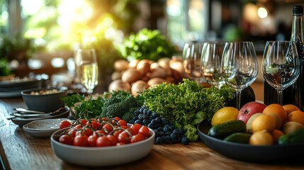 Wall Mural - Fresh Food Table with Wine Glasses