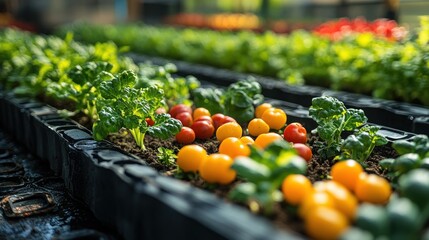 Canvas Print - Close-up of Tomatoes and Greens in a Garden