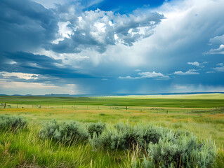 Dark clouds loom over expansive prairie, hinting at approaching thunderstorm in vertical 6 style.