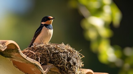 Poster - A bird perched on a nest atop a roof, surrounded by greenery.