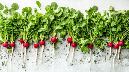 Wall Mural - Fresh radishes with greens arranged on a surface, highlighting vibrant colors and textures.