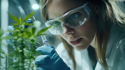 Poster - Scientist examining cannabis plant with a syringe in a laboratory setting.