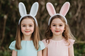 Two young girls wearing bunny ears and pastel dresses, smiling outdoors.