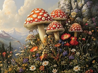 Poster - Enchanted Forest: Mushrooms and Wildflowers in a Mountain Landscape