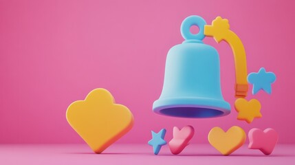 Canvas Print - Colorful 3D shapes including a bell and hearts against a pink background.