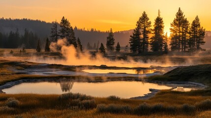 Poster - A serene landscape at sunrise with steam rising from hot springs and silhouetted trees.