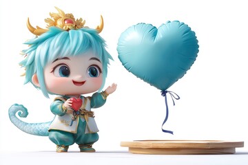 Wall Mural - Cute Cartoon Boy Holding a Heart with a Heart-Shaped Balloon